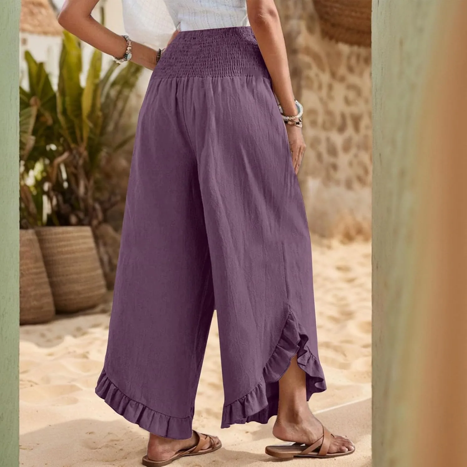 Women Linen Pants Summer Wide Leg Pants Smocked Waist Ruffle Palazzo Pant Flowy Beach Vacation Trouser with Pockets
