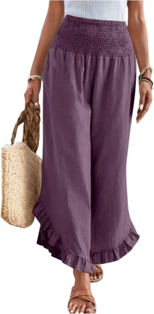Women Linen Pants Summer Wide Leg Pants Smocked Waist Ruffle Palazzo Pant Flowy Beach Vacation Trouser with Pockets