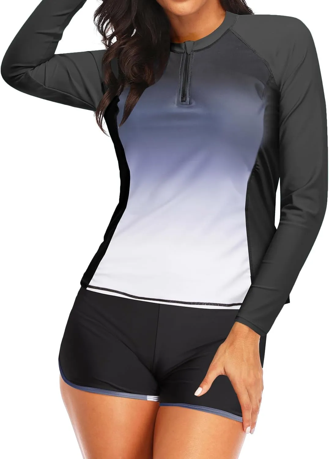 Women Long Sleeve Rash Guard - Two Piece Swimsuit with Shorts UPF 50  Bathing Suit Built in Bra Surf Swim Shirt