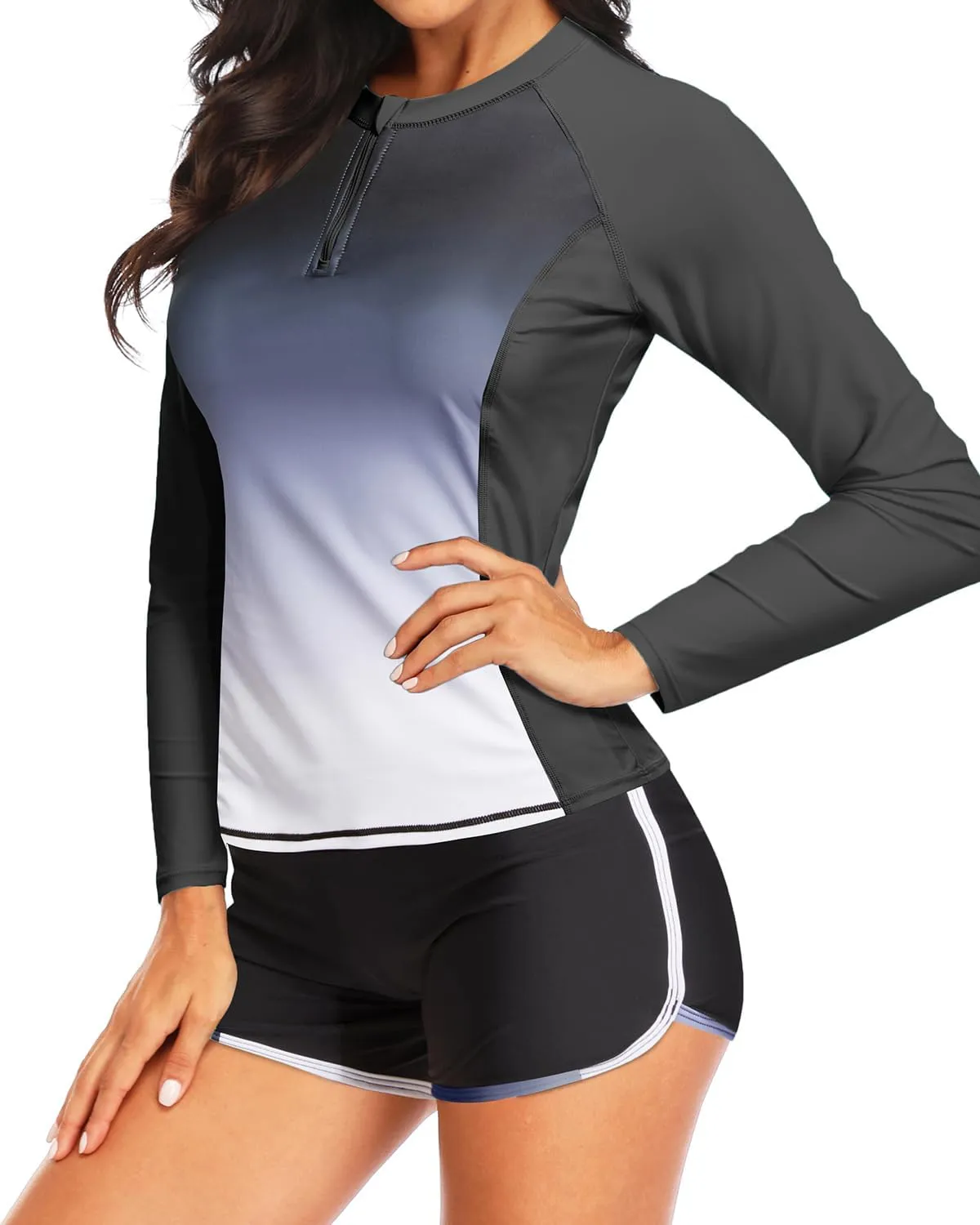 Women Long Sleeve Rash Guard - Two Piece Swimsuit with Shorts UPF 50  Bathing Suit Built in Bra Surf Swim Shirt