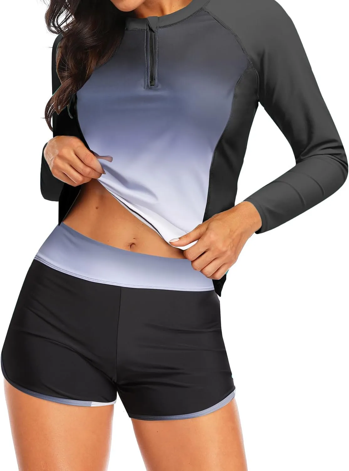 Women Long Sleeve Rash Guard - Two Piece Swimsuit with Shorts UPF 50  Bathing Suit Built in Bra Surf Swim Shirt