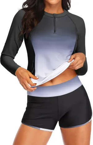 Women Long Sleeve Rash Guard - Two Piece Swimsuit with Shorts UPF 50  Bathing Suit Built in Bra Surf Swim Shirt
