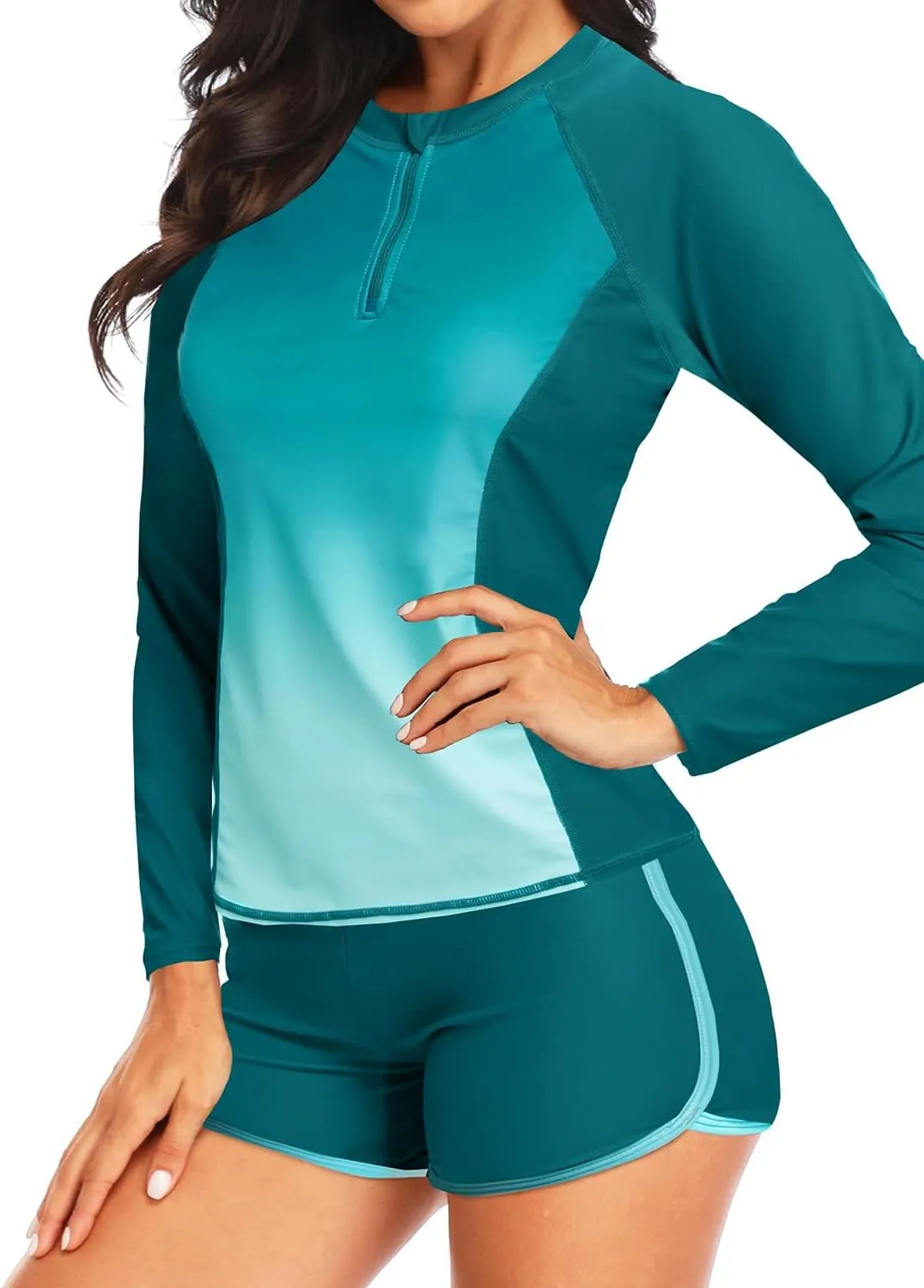Women Long Sleeve Rash Guard - Two Piece Swimsuit with Shorts UPF 50  Bathing Suit Built in Bra Surf Swim Shirt