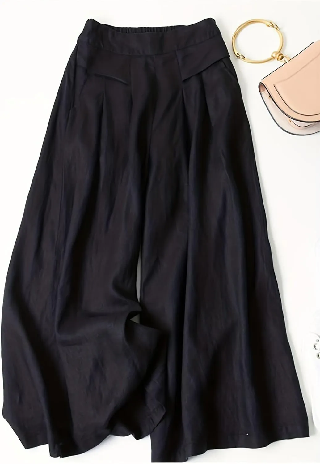 Women' s Culottes Linen Blend Wide Leg Pants Elastic Waist Casual High Waisted Palazzo Trousers with Pockets for Women