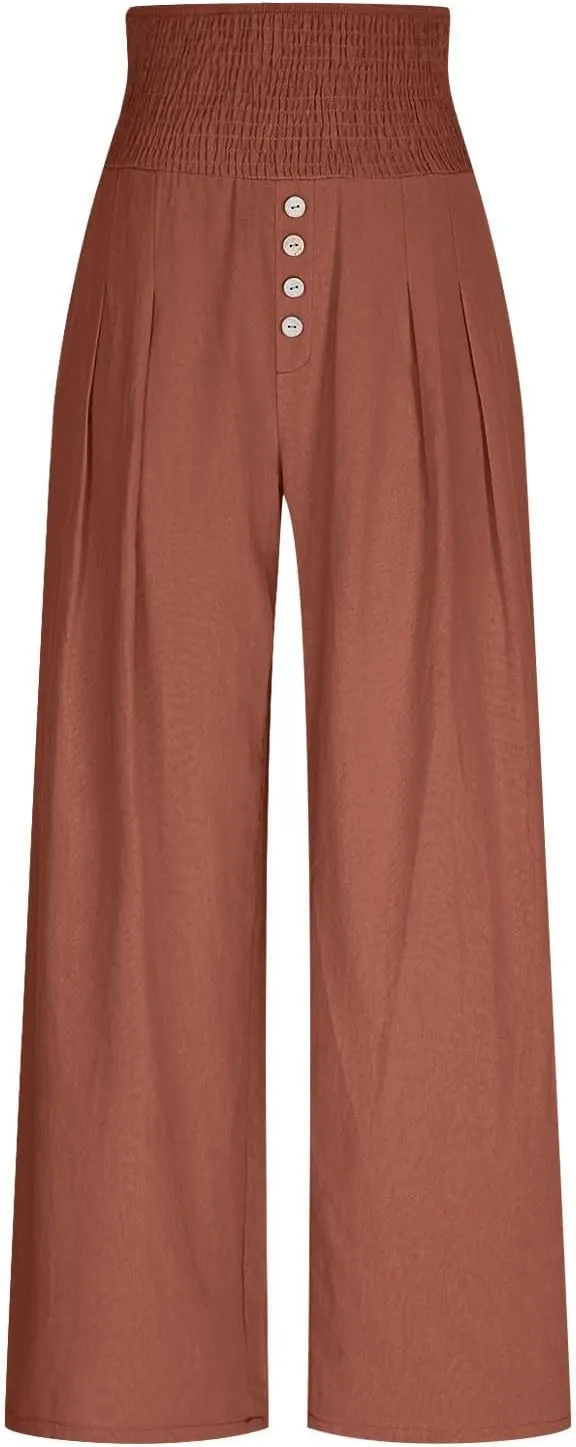 Women Summer High Waisted Cotton Linen Palazzo Pants Wide Leg Long Lounge Pant Business Casual Trousers Slacks Pockets