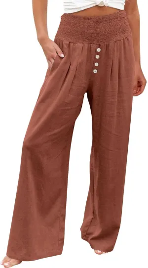 Women Summer High Waisted Cotton Linen Palazzo Pants Wide Leg Long Lounge Pant Business Casual Trousers Slacks Pockets