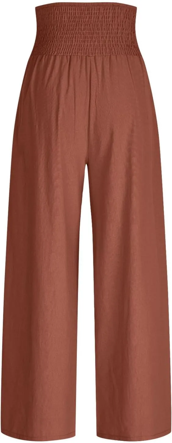 Women Summer High Waisted Cotton Linen Palazzo Pants Wide Leg Long Lounge Pant Business Casual Trousers Slacks Pockets