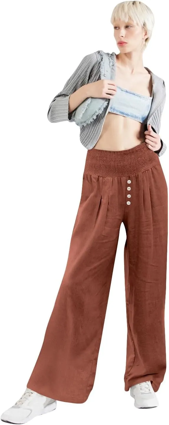 Women Summer High Waisted Cotton Linen Palazzo Pants Wide Leg Long Lounge Pant Business Casual Trousers Slacks Pockets