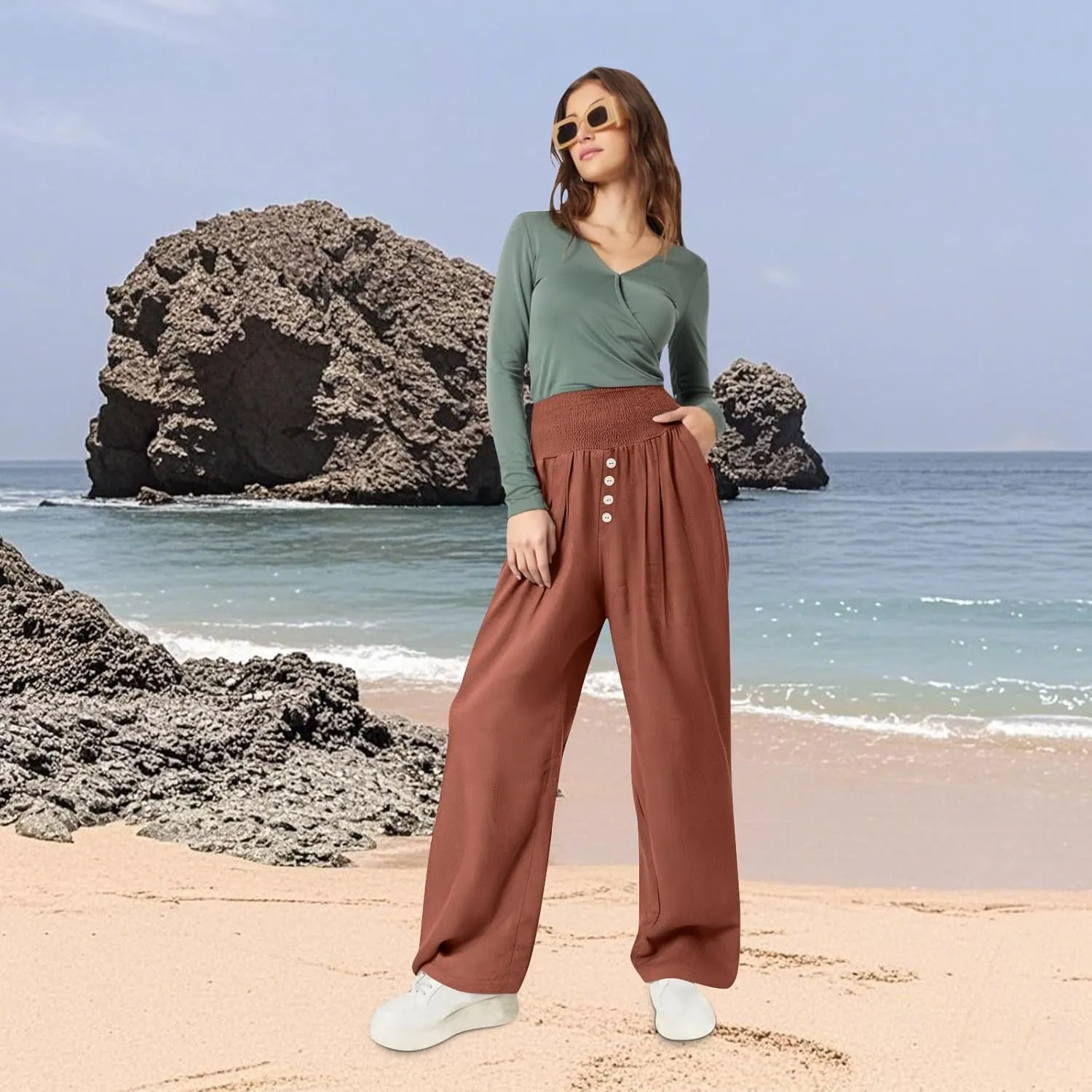 Women Summer High Waisted Cotton Linen Palazzo Pants Wide Leg Long Lounge Pant Business Casual Trousers Slacks Pockets