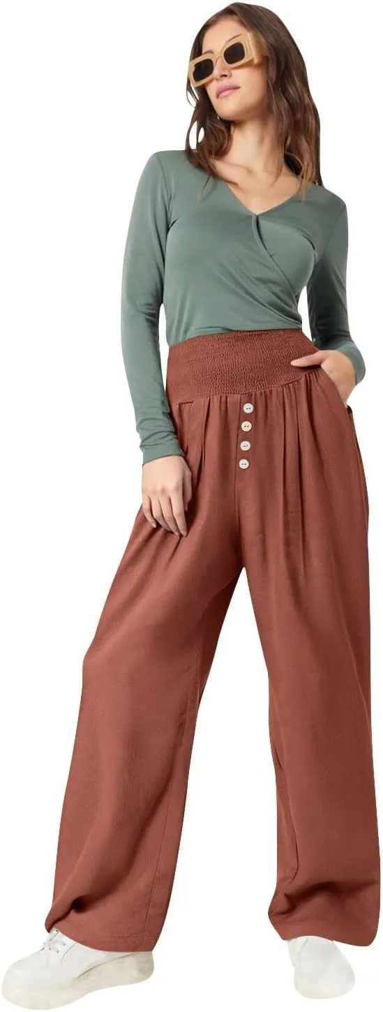 Women Summer High Waisted Cotton Linen Palazzo Pants Wide Leg Long Lounge Pant Business Casual Trousers Slacks Pockets
