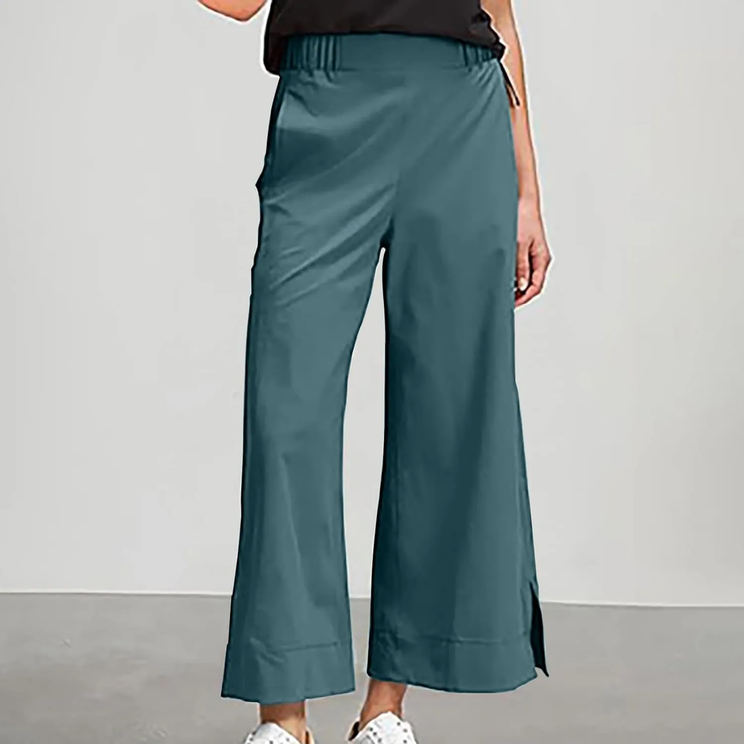Women Wide Leg Cotton Linen Pants Elastic High Waisted Side Slit Boho Trousers with Pocekts Business Casual Outfits