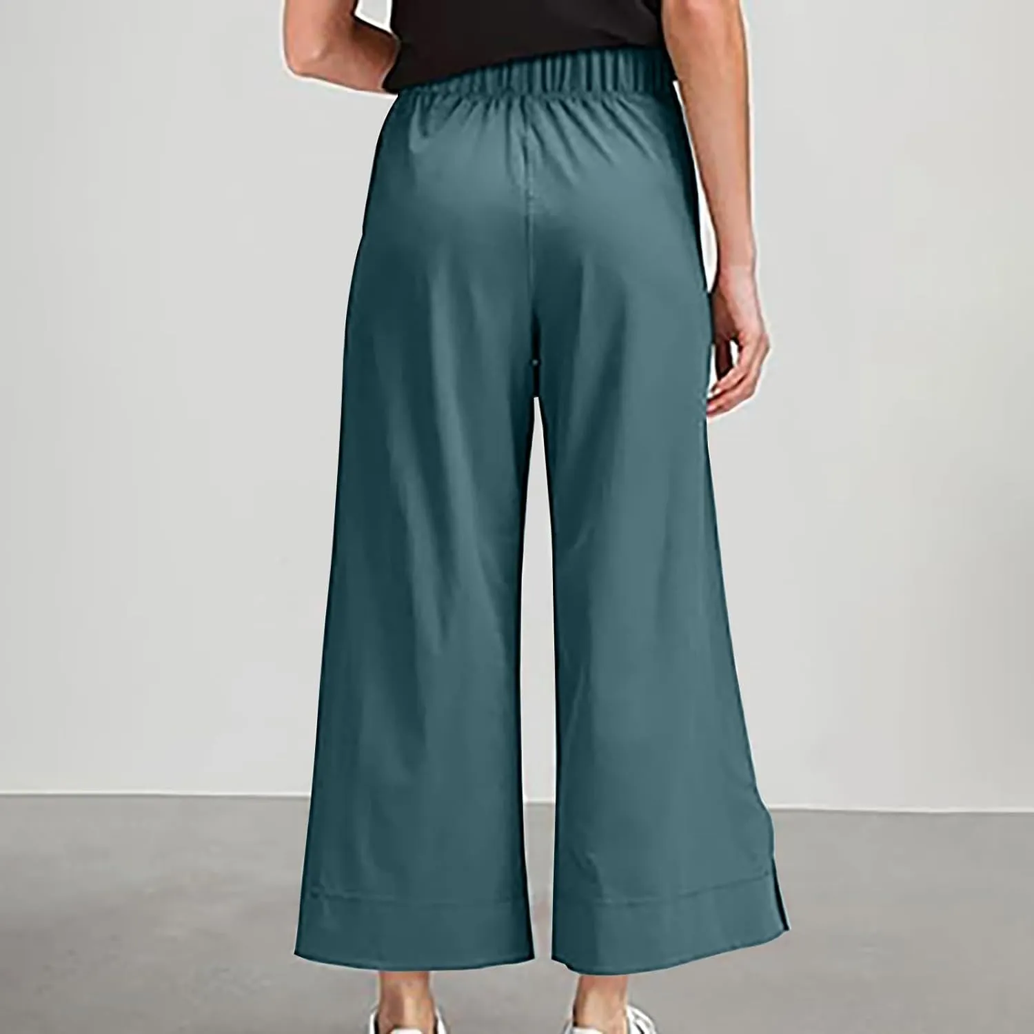 Women Wide Leg Cotton Linen Pants Elastic High Waisted Side Slit Boho Trousers with Pocekts Business Casual Outfits