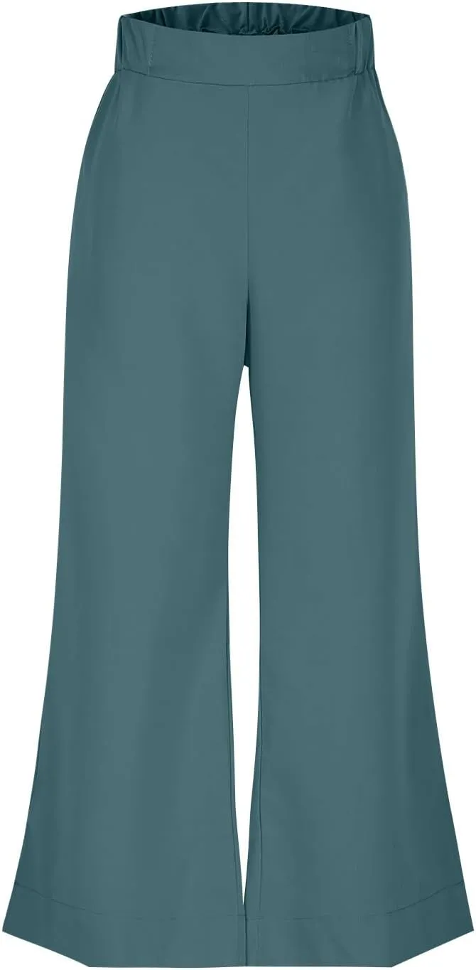 Women Wide Leg Cotton Linen Pants Elastic High Waisted Side Slit Boho Trousers with Pocekts Business Casual Outfits