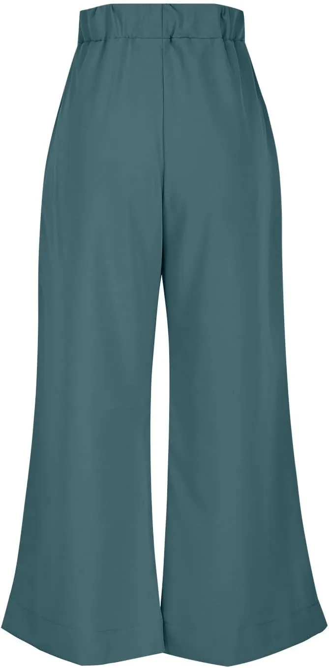 Women Wide Leg Cotton Linen Pants Elastic High Waisted Side Slit Boho Trousers with Pocekts Business Casual Outfits