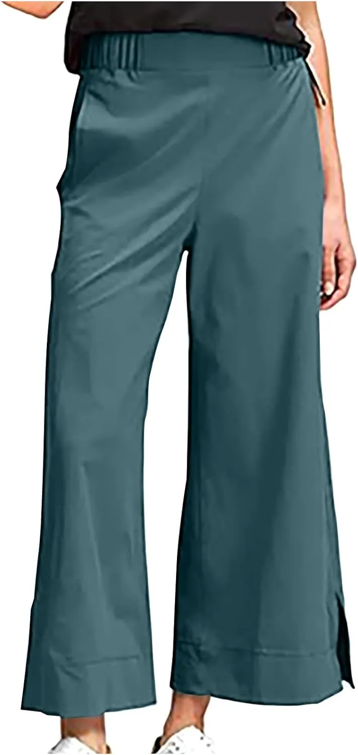 Women Wide Leg Cotton Linen Pants Elastic High Waisted Side Slit Boho Trousers with Pocekts Business Casual Outfits