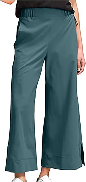Women Wide Leg Cotton Linen Pants Elastic High Waisted Side Slit Boho Trousers with Pocekts Business Casual Outfits