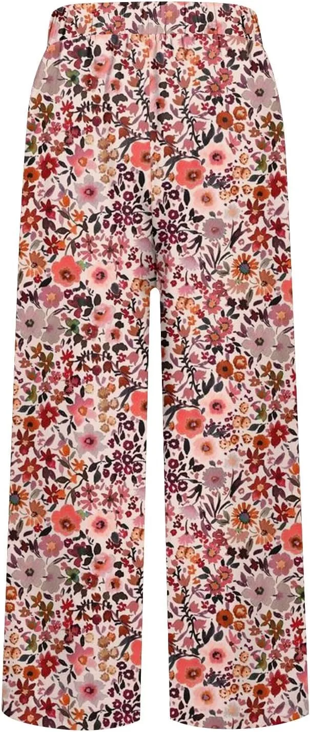 Women's Boho Floral Casual Pants Summer Wide Leg Elastic Waist Beach Vacation Retro Trousers with Pockets Plus Size
