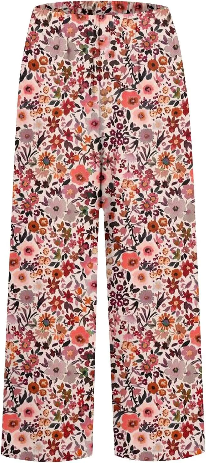 Women's Boho Floral Casual Pants Summer Wide Leg Elastic Waist Beach Vacation Retro Trousers with Pockets Plus Size
