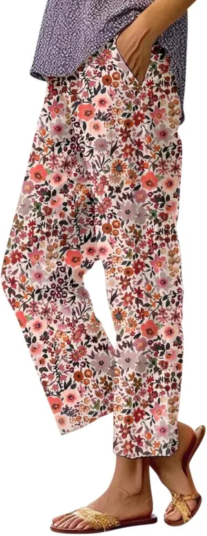 Women's Boho Floral Casual Pants Summer Wide Leg Elastic Waist Beach Vacation Retro Trousers with Pockets Plus Size
