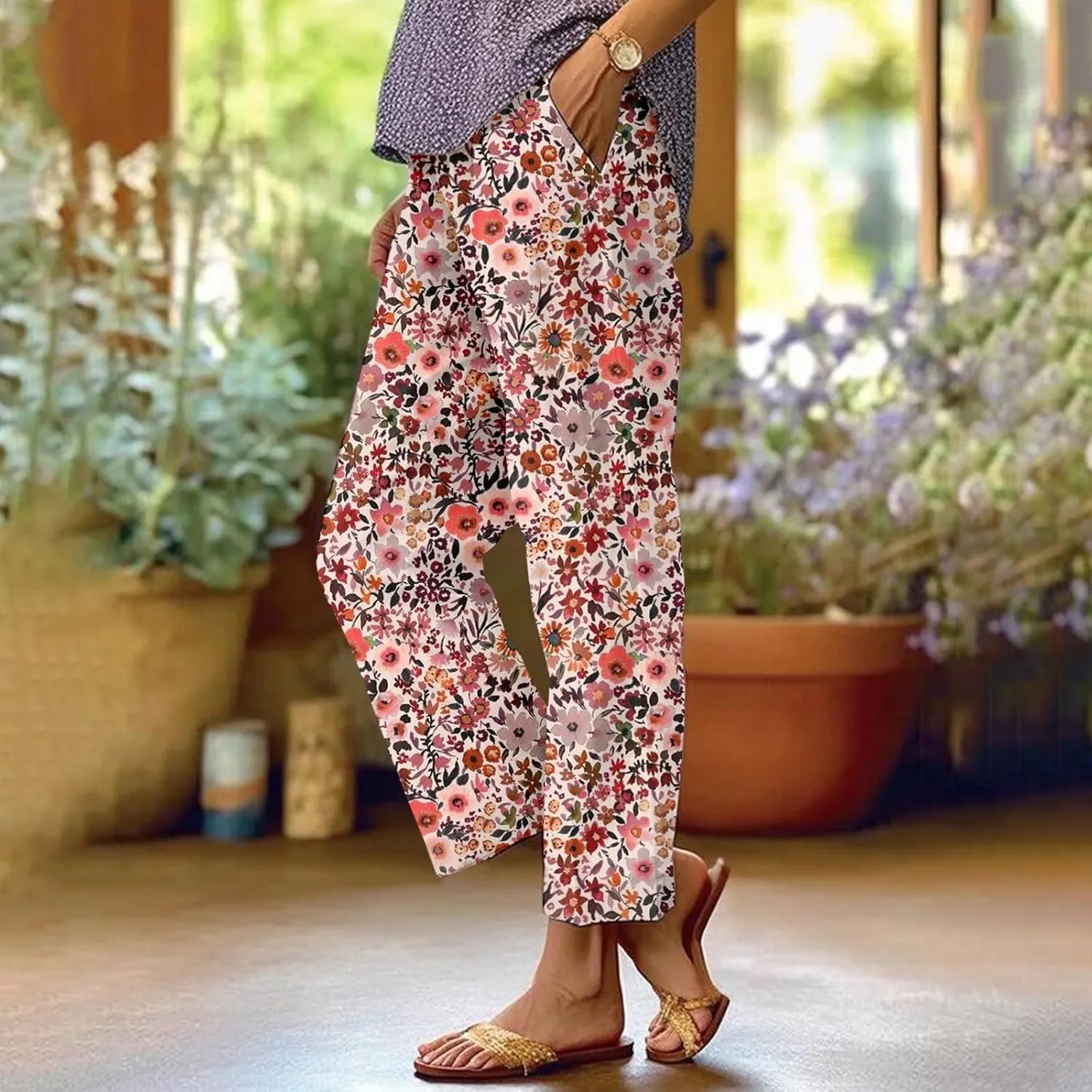 Women's Boho Floral Casual Pants Summer Wide Leg Elastic Waist Beach Vacation Retro Trousers with Pockets Plus Size