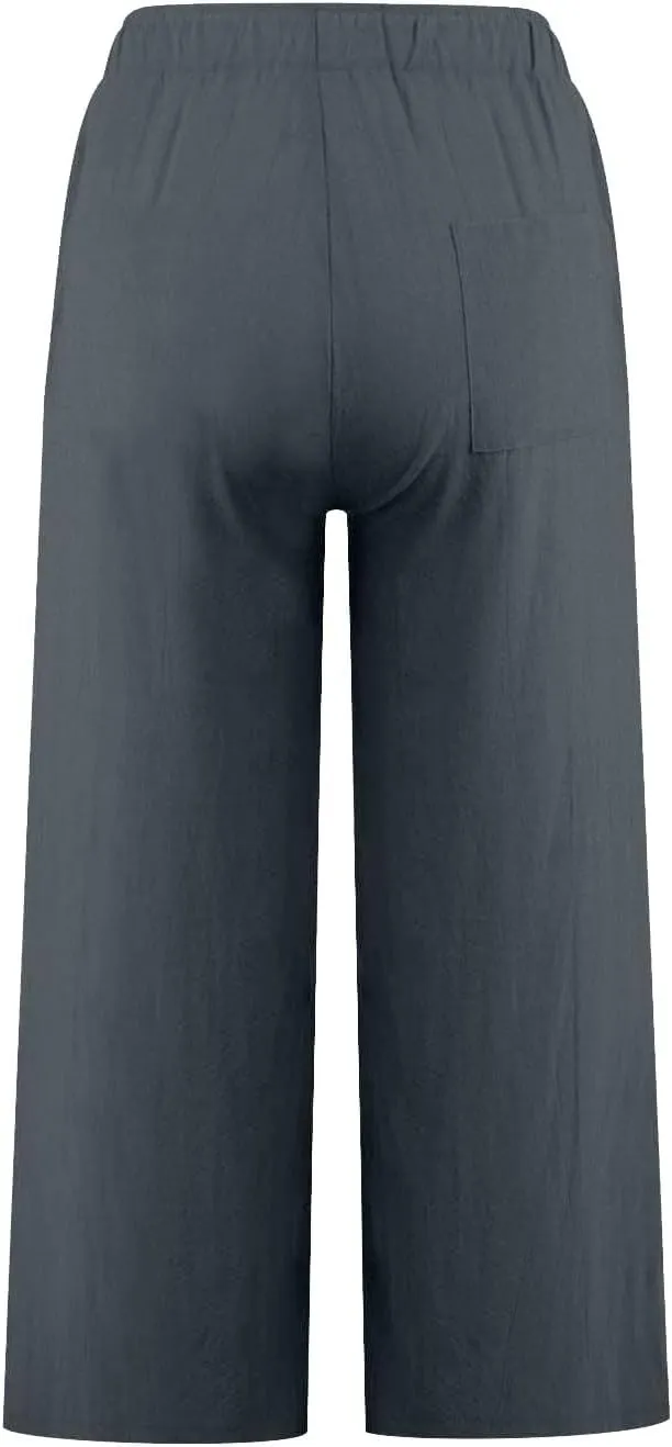 Women's Capri Linen Pants with Pockets Summer High Waist Drawstring Wide Leg Pants Plus Size Loose Casual Trousers