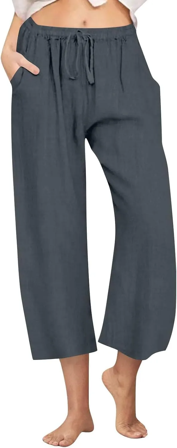 Women's Capri Linen Pants with Pockets Summer High Waist Drawstring Wide Leg Pants Plus Size Loose Casual Trousers