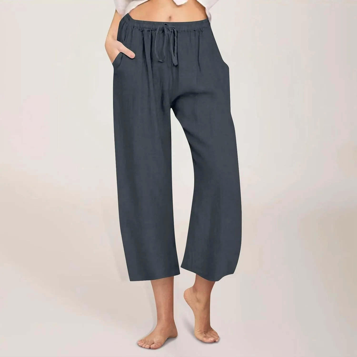 Women's Capri Linen Pants with Pockets Summer High Waist Drawstring Wide Leg Pants Plus Size Loose Casual Trousers