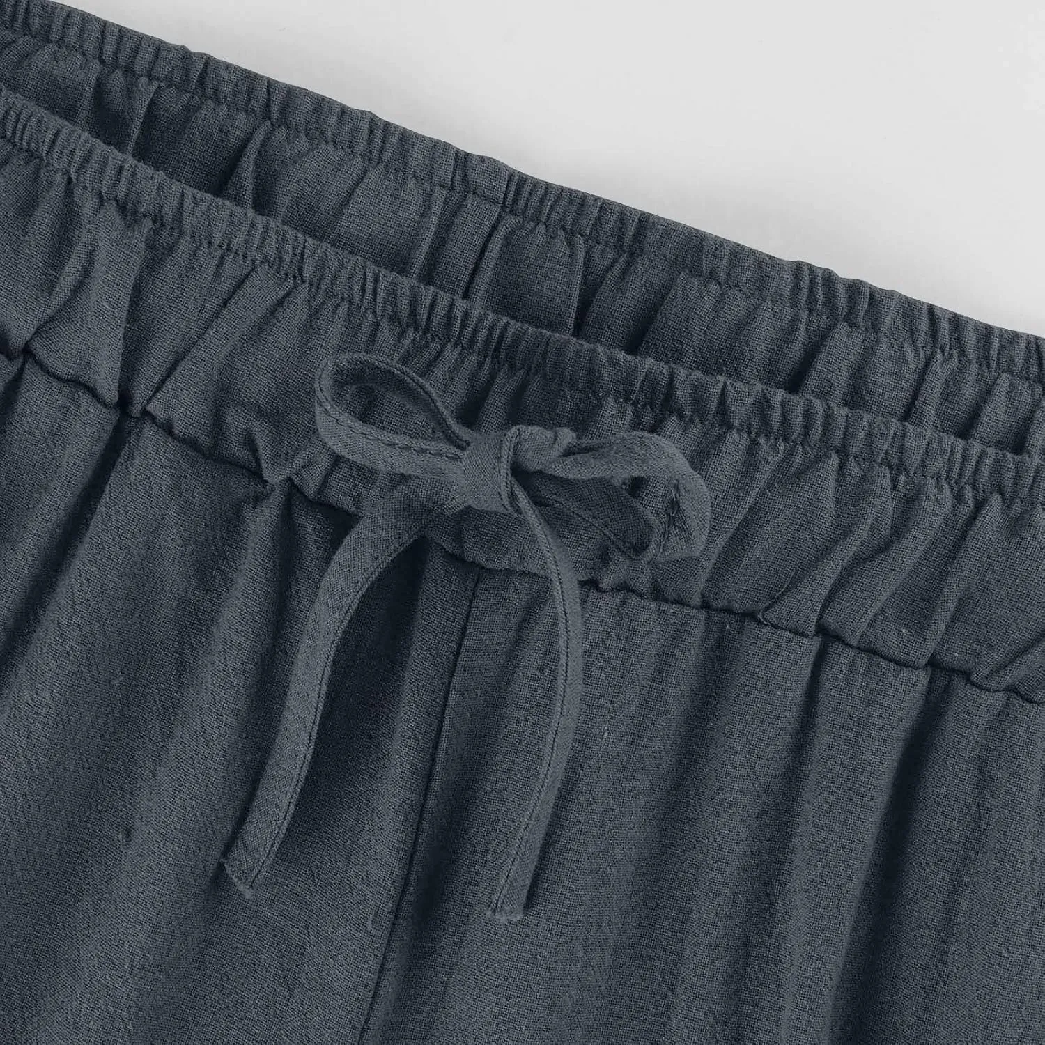 Women's Capri Linen Pants with Pockets Summer High Waist Drawstring Wide Leg Pants Plus Size Loose Casual Trousers