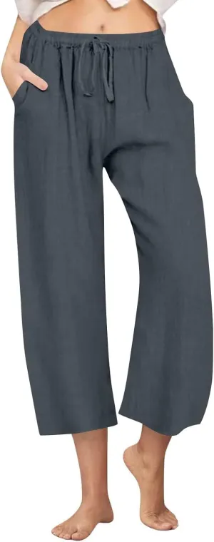 Women's Capri Linen Pants with Pockets Summer High Waist Drawstring Wide Leg Pants Plus Size Loose Casual Trousers