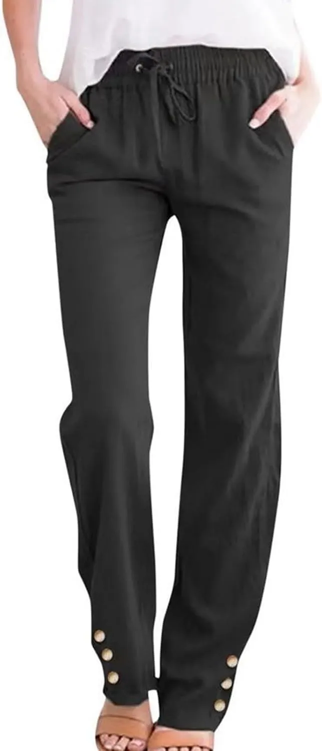 Womens Casual Cotton Linen Pants Lightweight Summer Relax Elastic Waist Plus Size Lounge Long Trousers with Pocket