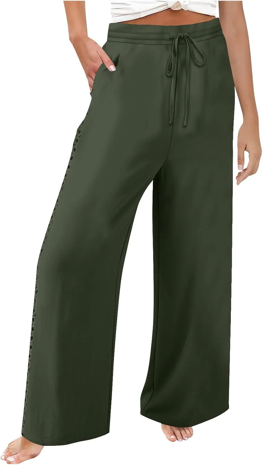 Womens Casual Cotton Linen Pants Trendy Drawstring Side Hollow Trousers Summer Vacation Lounge Travel Outfits 2025