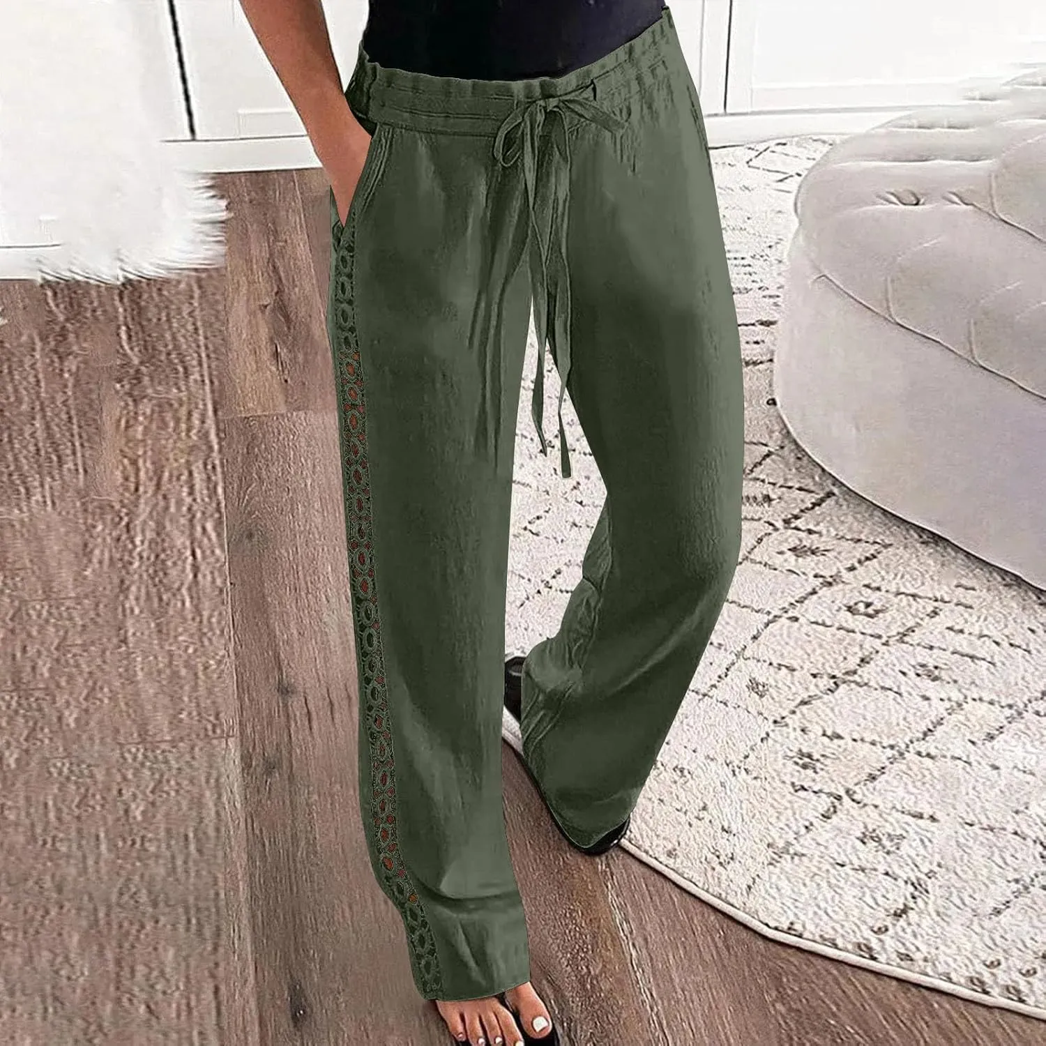 Womens Casual Cotton Linen Pants Trendy Drawstring Side Hollow Trousers Summer Vacation Lounge Travel Outfits 2025