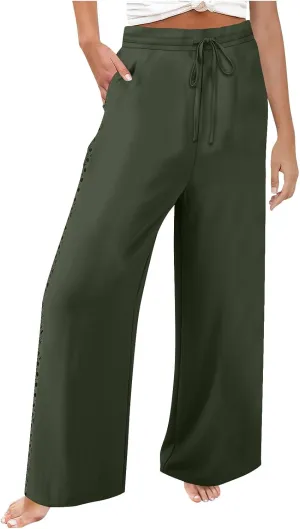 Womens Casual Cotton Linen Pants Trendy Drawstring Side Hollow Trousers Summer Vacation Lounge Travel Outfits 2025