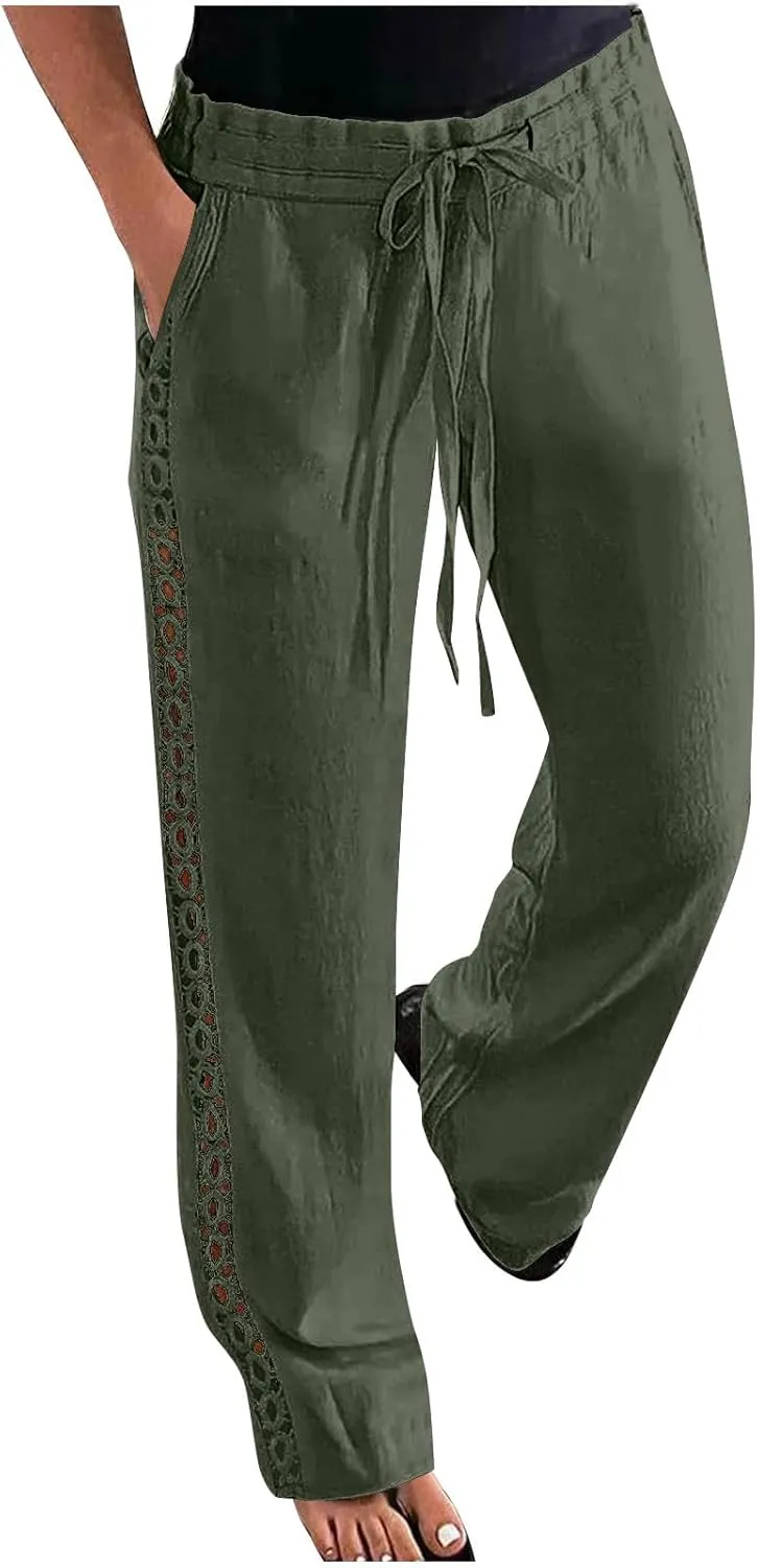 Womens Casual Cotton Linen Pants Trendy Drawstring Side Hollow Trousers Summer Vacation Lounge Travel Outfits 2025