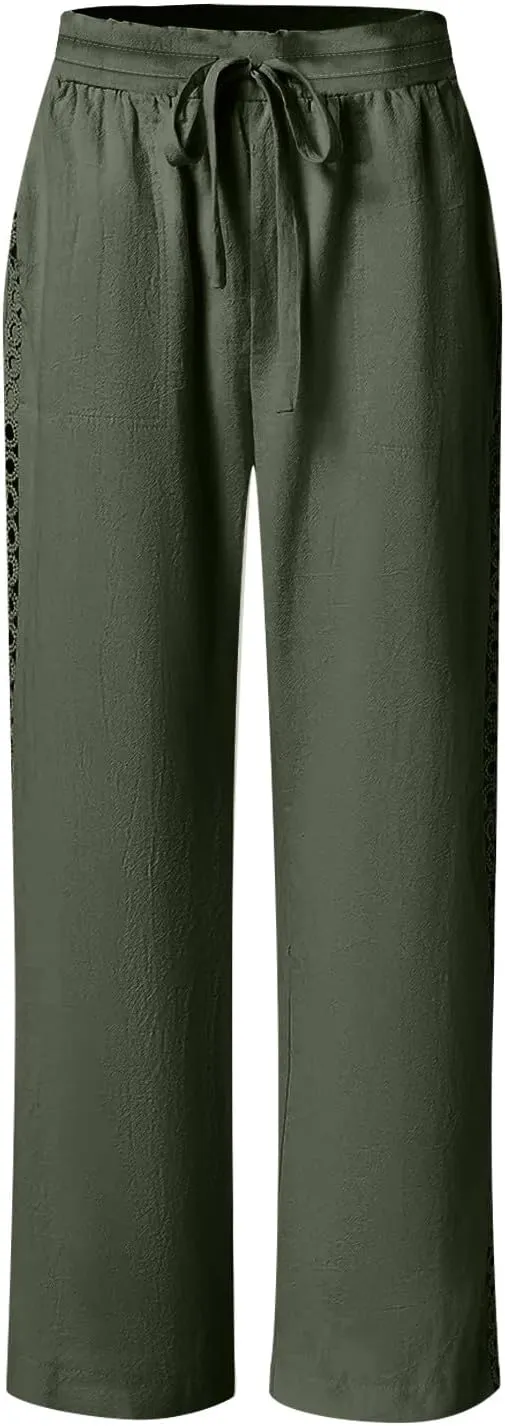 Womens Casual Cotton Linen Pants Trendy Drawstring Side Hollow Trousers Summer Vacation Lounge Travel Outfits 2025