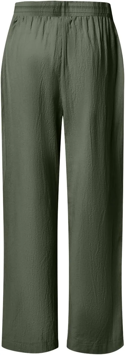 Womens Casual Cotton Linen Pants Trendy Drawstring Side Hollow Trousers Summer Vacation Lounge Travel Outfits 2025