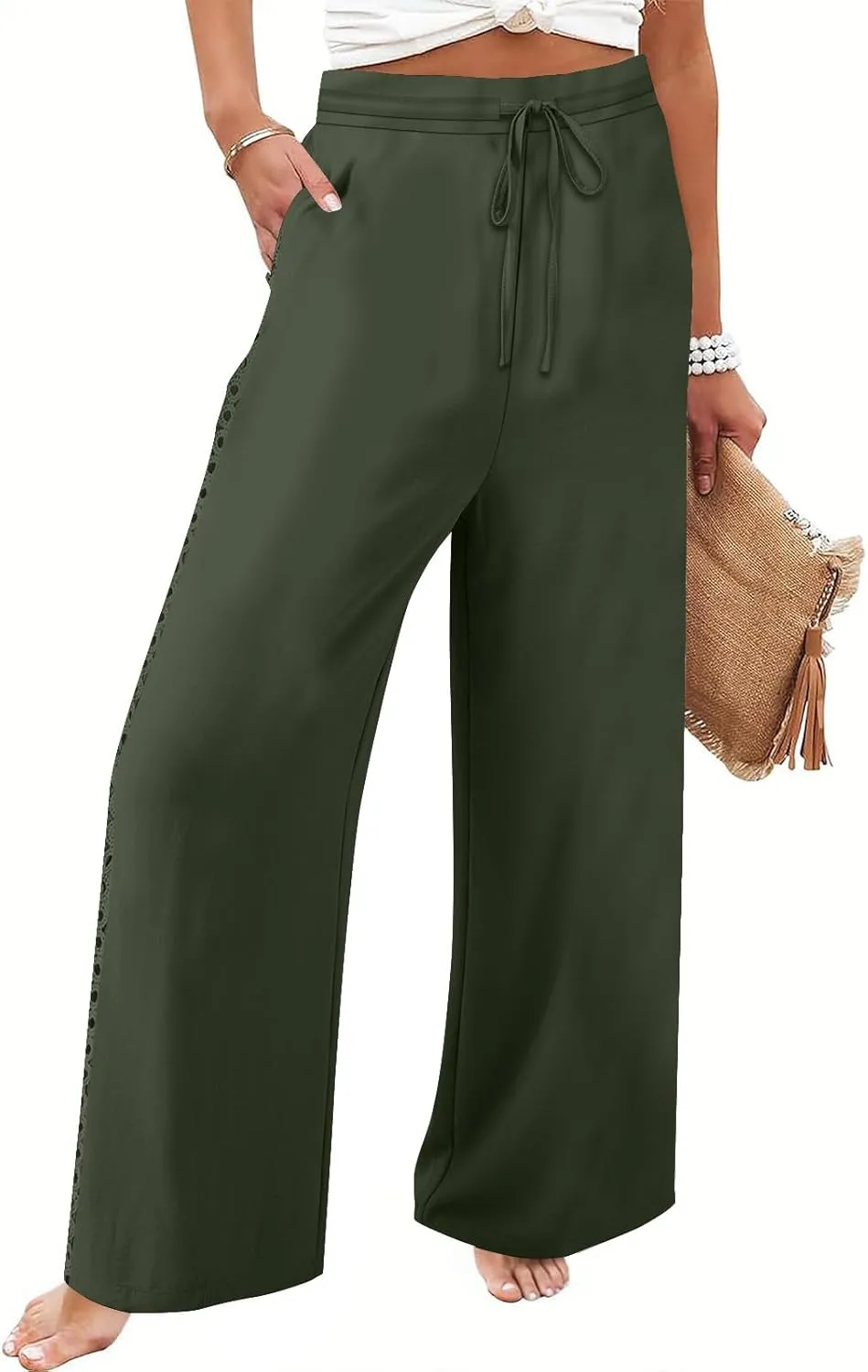 Womens Casual Cotton Linen Pants Trendy Drawstring Side Hollow Trousers Summer Vacation Lounge Travel Outfits 2025