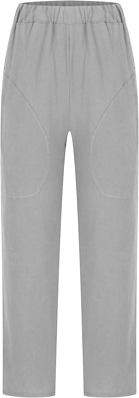 Womens Casual Cotton Tapered Capri Cargo Pants Loose Elastic Waist Straight Ankle Cropped Trouser Slacks with Pockets