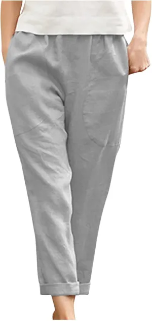 Womens Casual Cotton Tapered Capri Cargo Pants Loose Elastic Waist Straight Ankle Cropped Trouser Slacks with Pockets