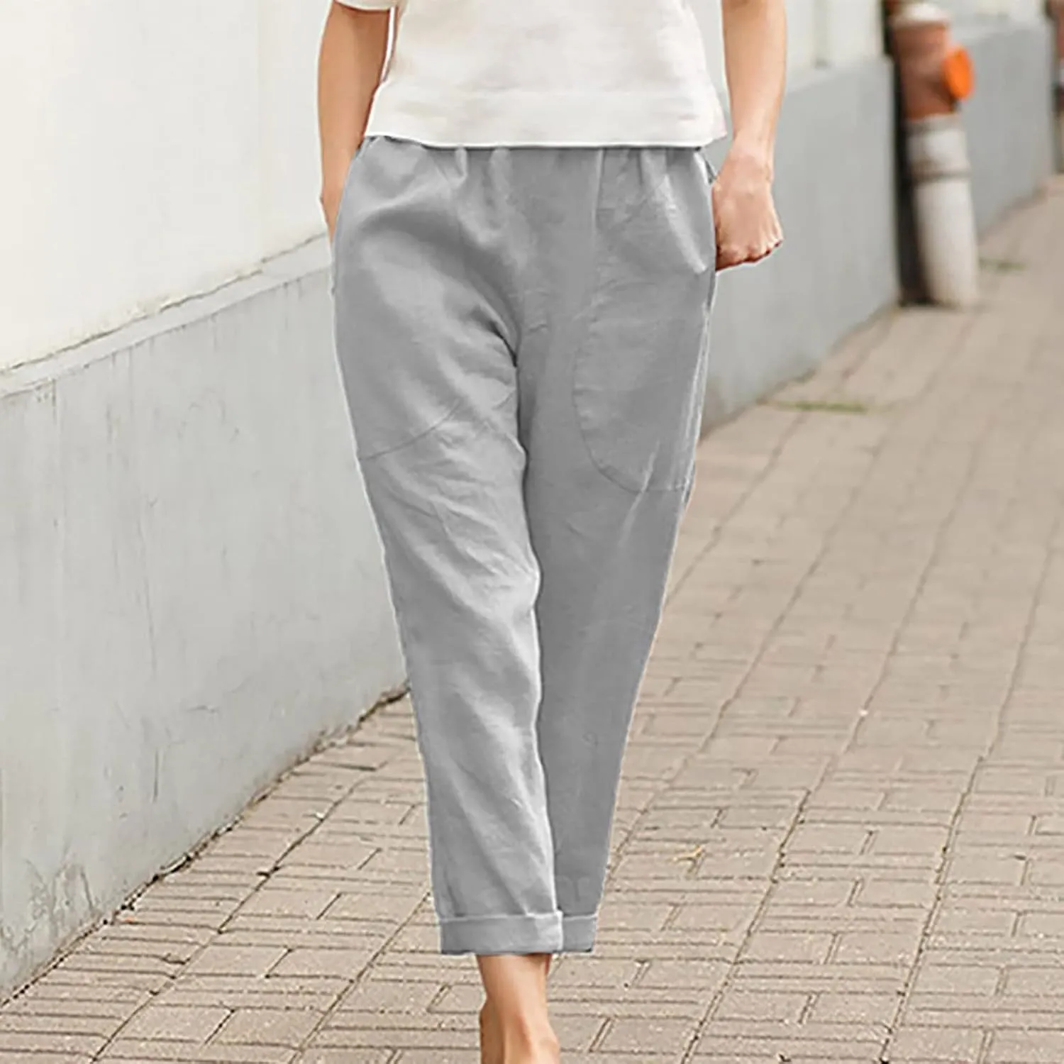 Womens Casual Cotton Tapered Capri Cargo Pants Loose Elastic Waist Straight Ankle Cropped Trouser Slacks with Pockets