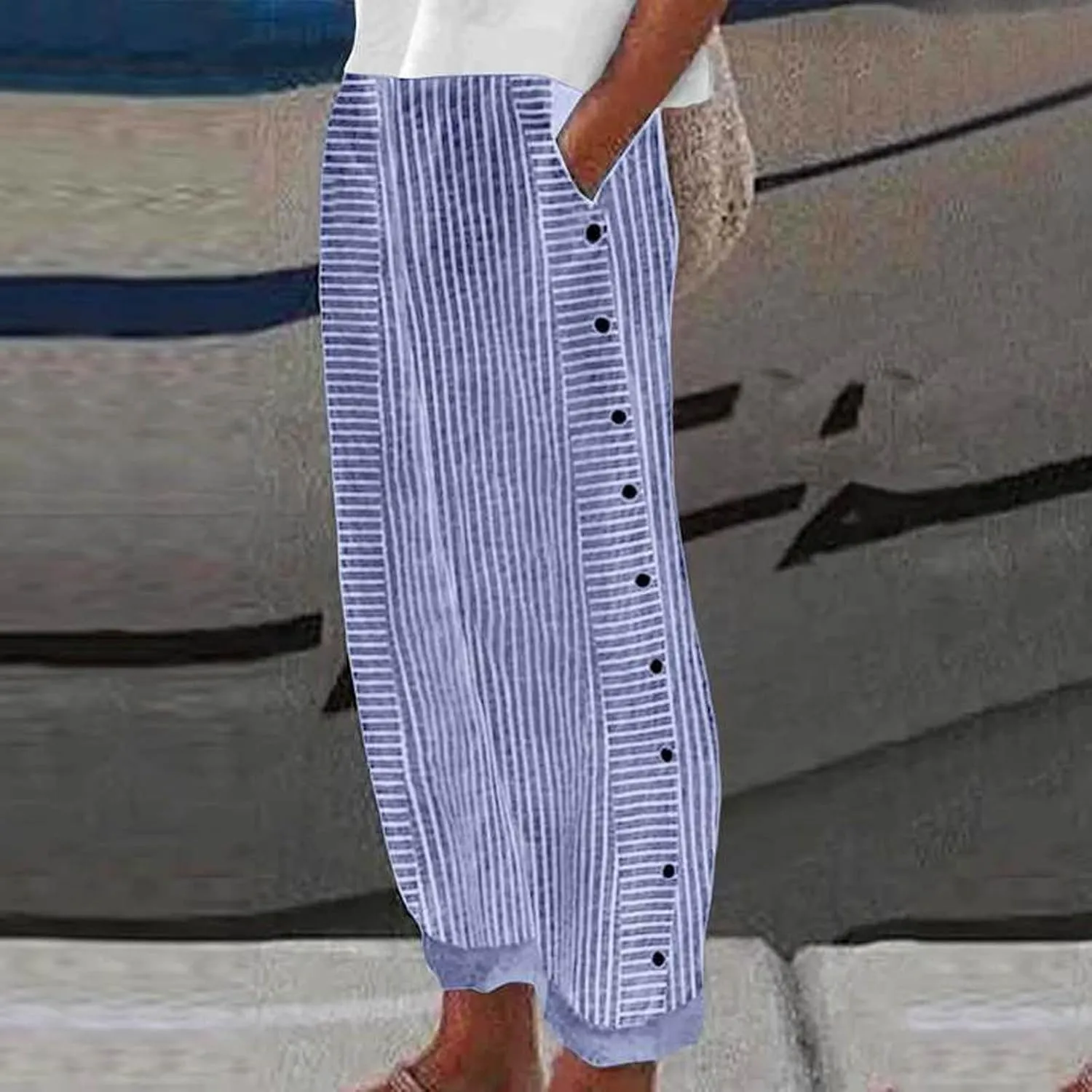 Womens Casual Linen High Waist Pants Drawstring Loose Fit Summer Work Pants Trousers with Side Pockets