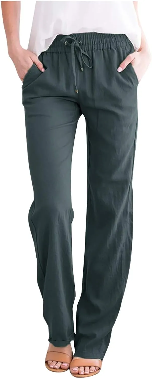 Womens Casual Linen Pants Drawstring Elastic High Waist Straight Leg Pant Lounge Trousers with Pockets Vacation Pants