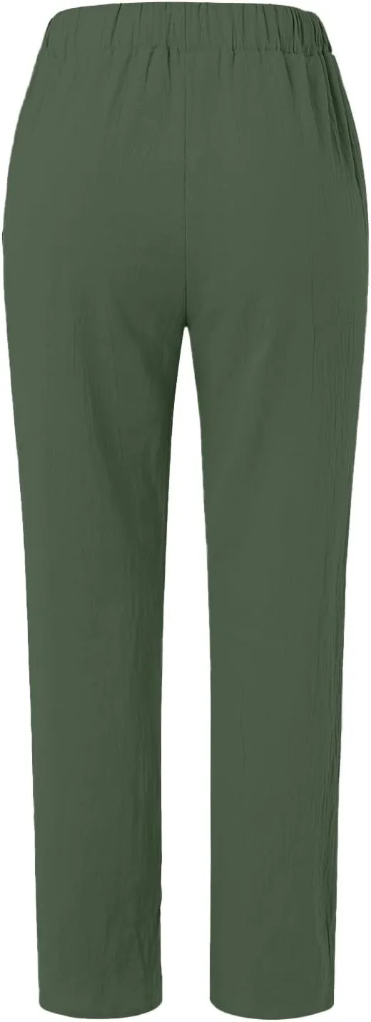 Women's Casual Pants Striped Side Button Elastic Waist 2025 Trendy Pants Straight Leg Baggy Trousers with Pockets