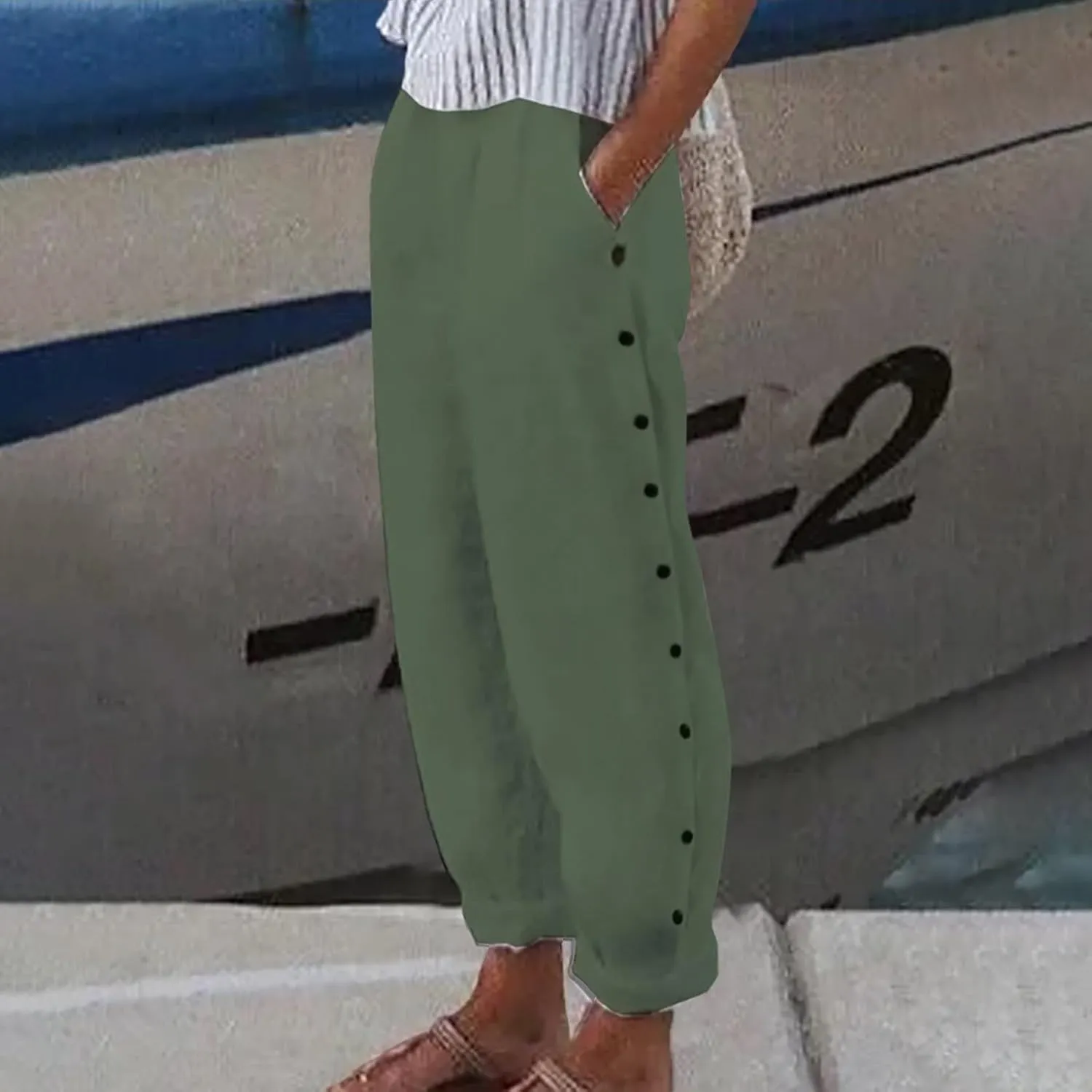 Women's Casual Pants Striped Side Button Elastic Waist 2025 Trendy Pants Straight Leg Baggy Trousers with Pockets