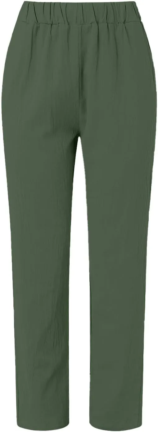 Women's Casual Pants Striped Side Button Elastic Waist 2025 Trendy Pants Straight Leg Baggy Trousers with Pockets