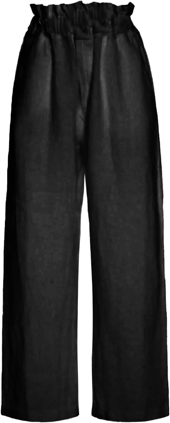 Womens Casual Straight Leg Pants Wide Leg Cotton Linen Elastic Smocked Waist Pants Summer Beach Solid Color Lounge Trousers