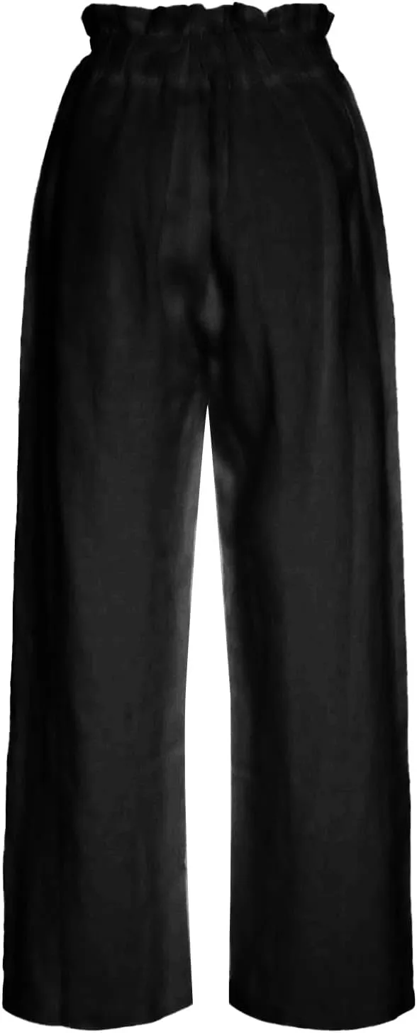 Womens Casual Straight Leg Pants Wide Leg Cotton Linen Elastic Smocked Waist Pants Summer Beach Solid Color Lounge Trousers