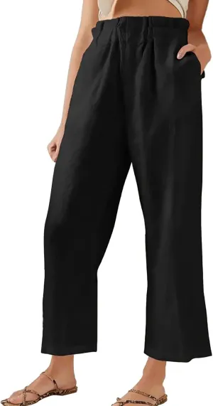 Womens Casual Straight Leg Pants Wide Leg Cotton Linen Elastic Smocked Waist Pants Summer Beach Solid Color Lounge Trousers