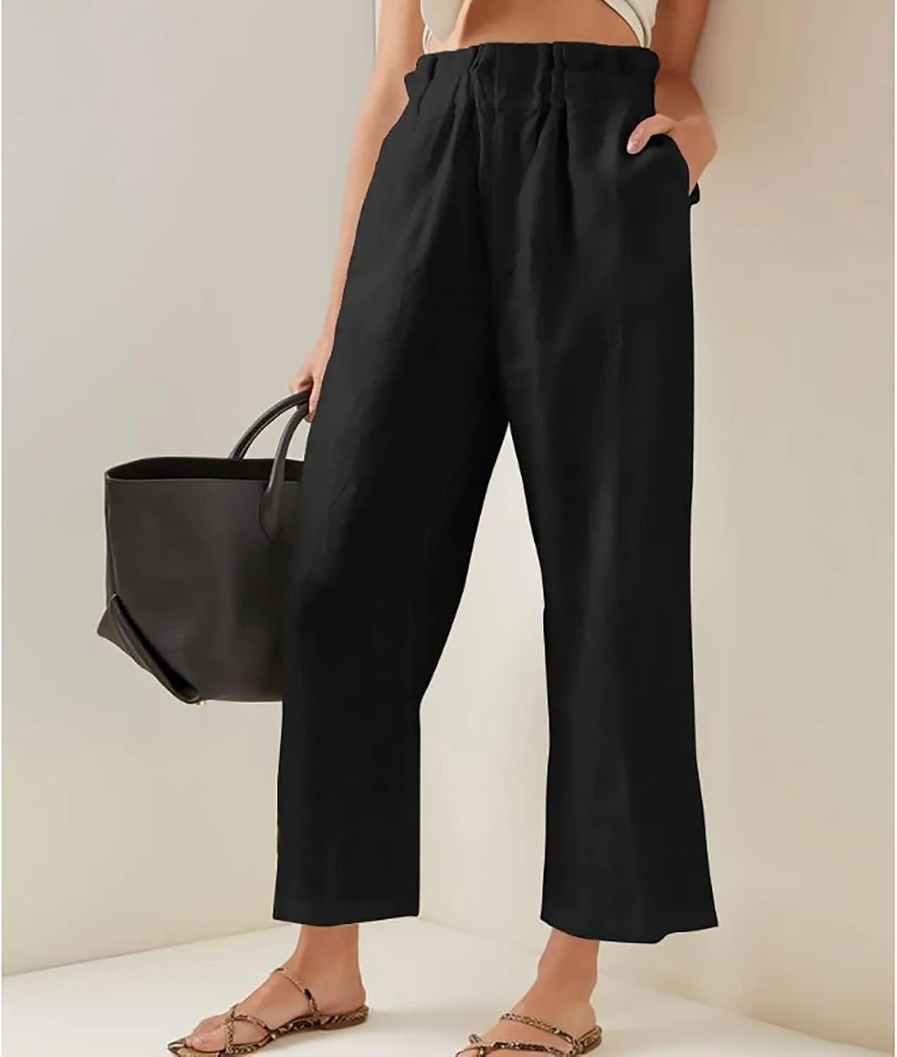 Womens Casual Straight Leg Pants Wide Leg Cotton Linen Elastic Smocked Waist Pants Summer Beach Solid Color Lounge Trousers