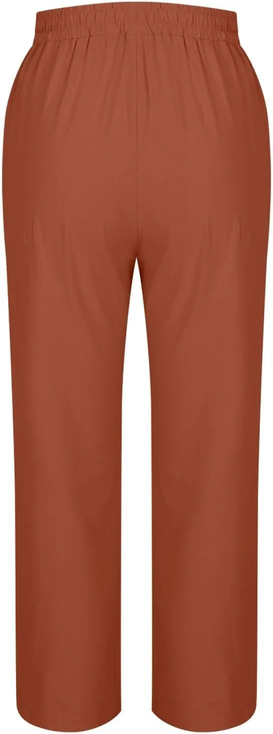 Womens Casual Straight Pants Loose Elastic Waist Capris Pant Summer Buttons Print Slacks Joggers Trousers with Pockets